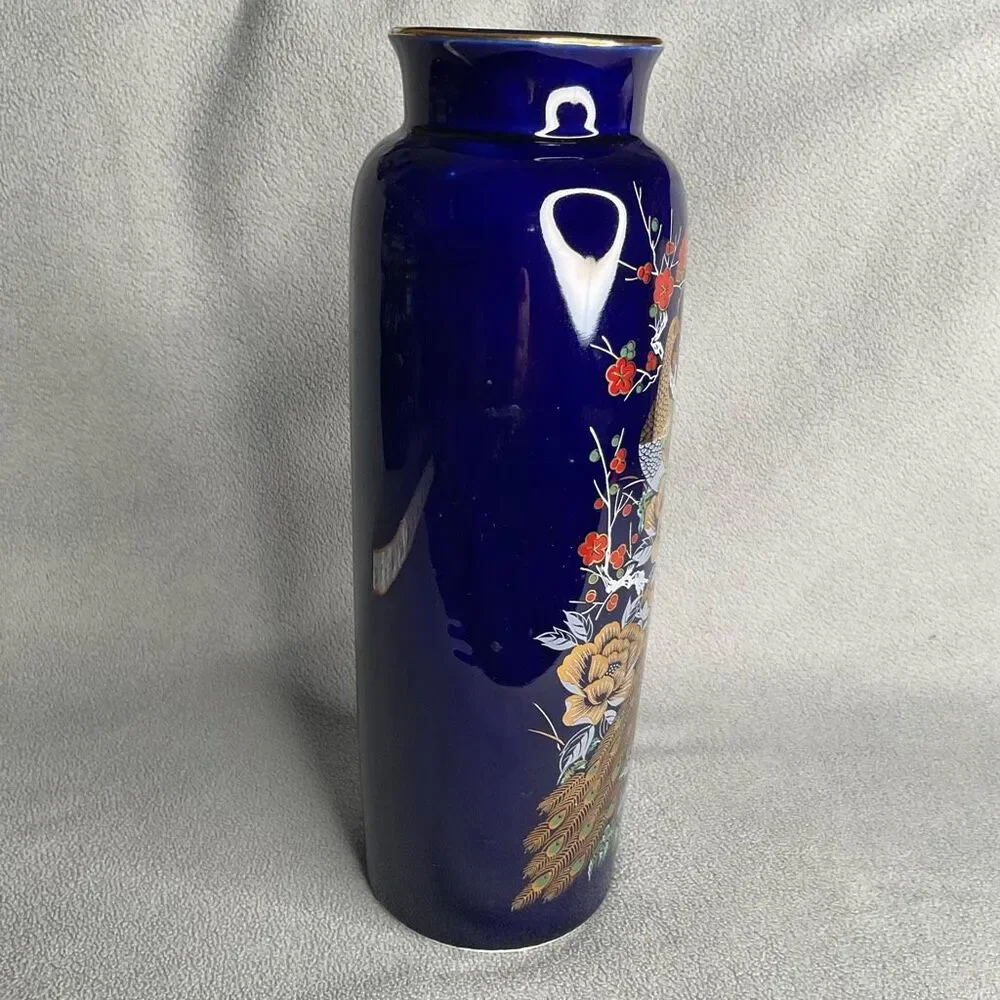 Vintage Interpur Cobalt Blue Peacock Oriental Vase 22KGoldTrim 10.5